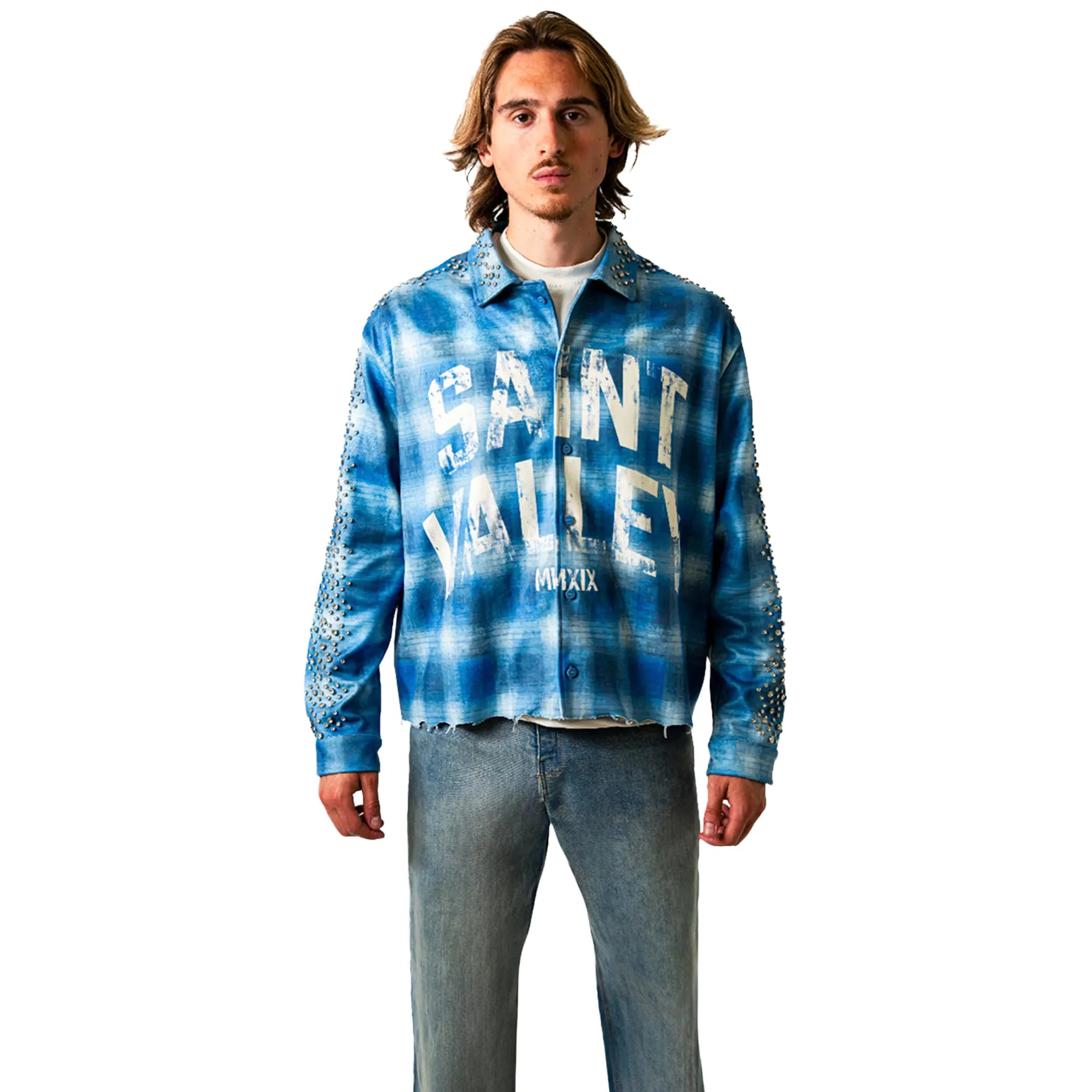 Model View of Suavo London Saint Valley Blue Flannel Shirt